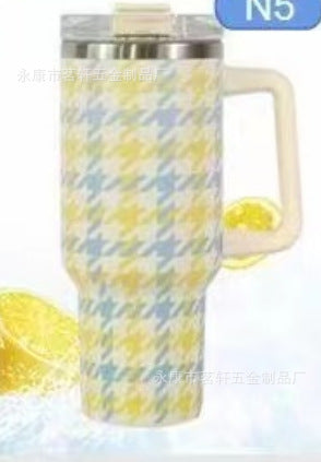 Wholesale Tumbler Houndstooth Stainless Steel Double-layer Handle Insulation 40oz Ice Cup