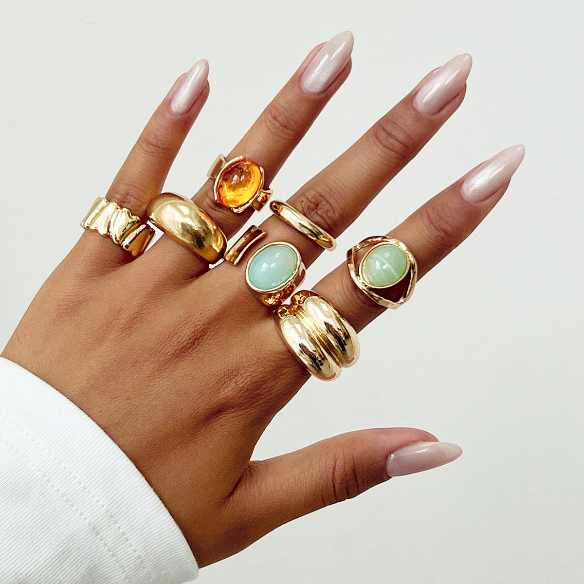 Wholesale Women' s retro mixed-match stacking gemstone open ring set