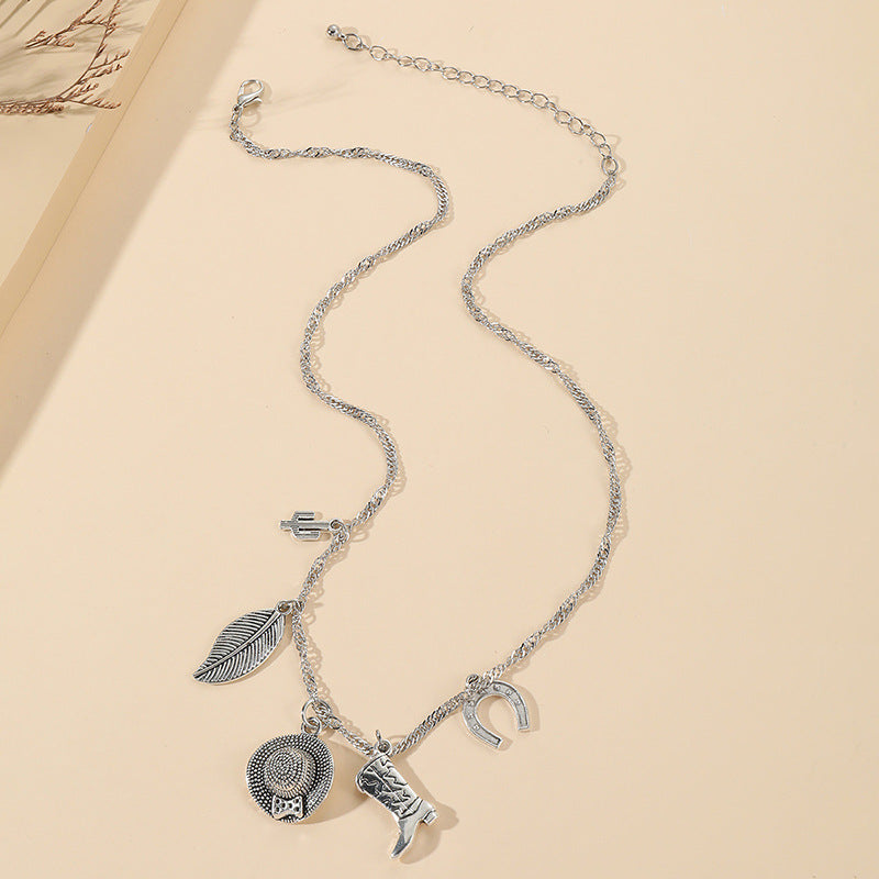 Wholesale Vintage Leaf Hat Boots Cactus Pendant Alloy Hollow Necklace