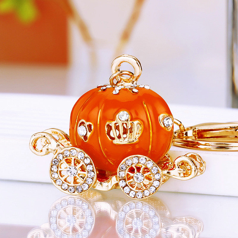 Wholesale Metal Rhinestone Pumpkin Carriage Keychain Bag Charm Pink Car Key Accessory Decorative Gift