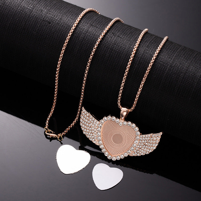 Wholesale Sublimation necklace angel wings necklace heart full diamond clavicle necklace