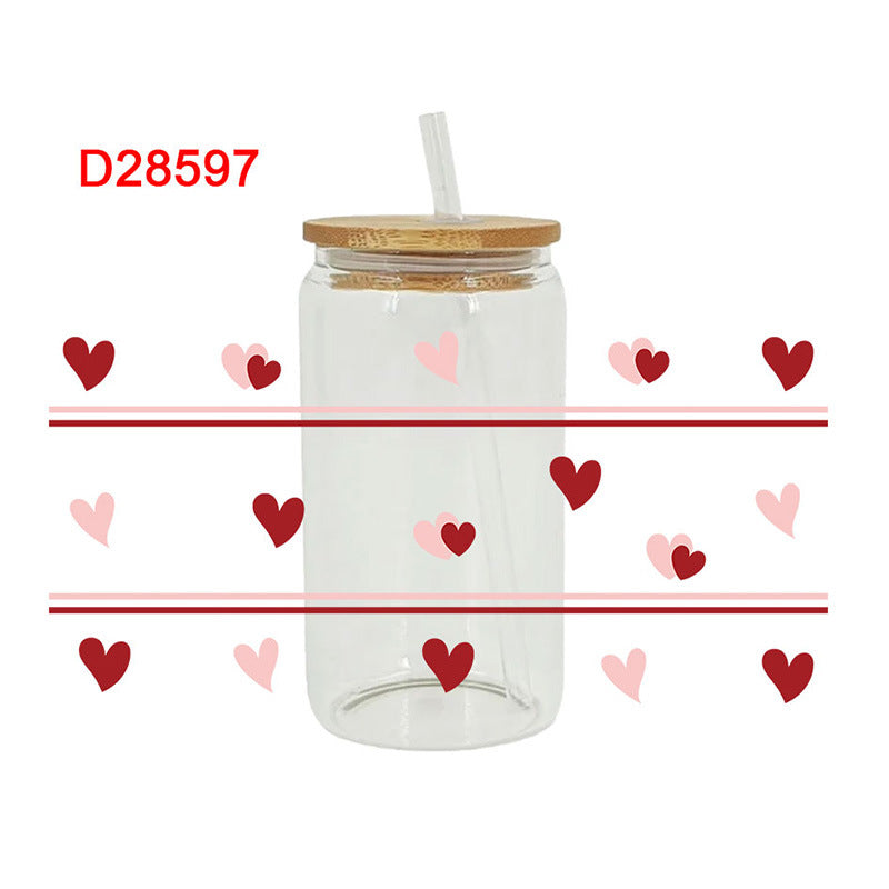 Wholesale Pink Cartoon Heart Valentine' s Day 16oz Cup UV DTF Wraps