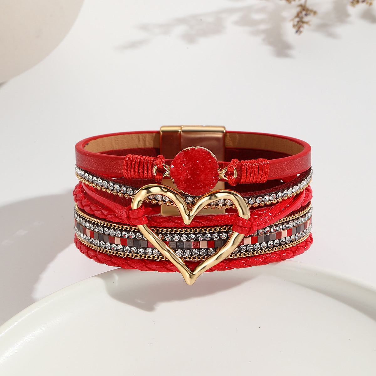 Wholesale Leather Cord Multi-Layered Raw Stone Love Bracelet
