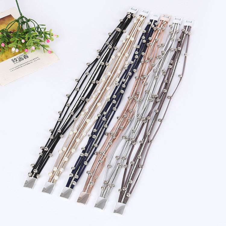 Wholesale Geometric Asymmetrical Inlaid Pearl Multi-Layered Leather Adjustable Bracelet