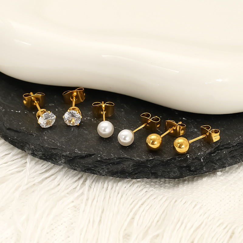 Wholesale Titanium Steel Zircon Pearl Steel Bead Earrings Niche Versatile Light Luxury Earrings