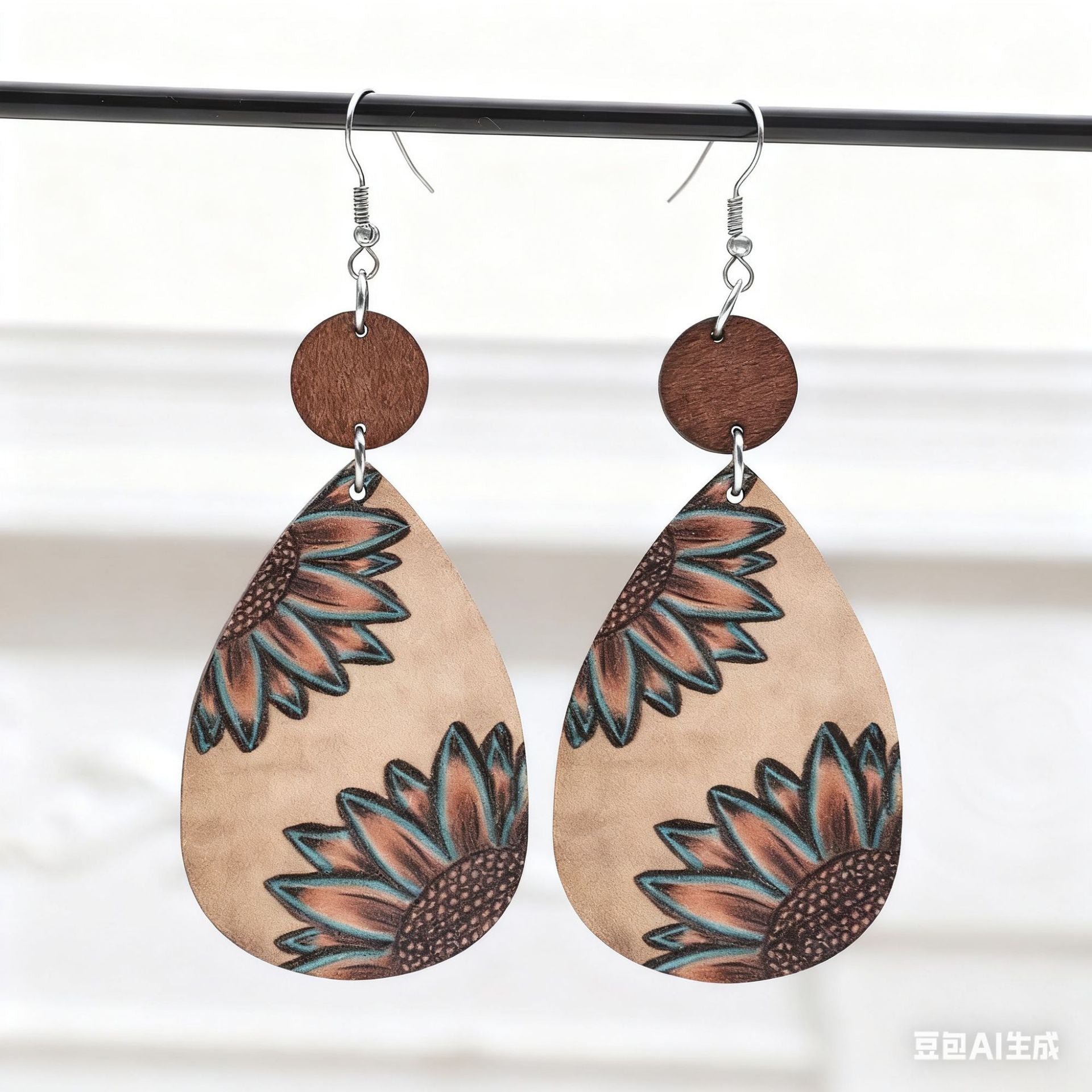 Wholesale Lightweight Retro Wooden Sunflower Cow Print Earrings Trendy Western Farm Style Jewelry Accessory Gift