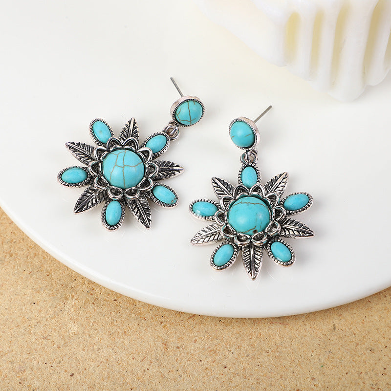 Wholesale Vintage three-layer flower earrings turquoise earrings