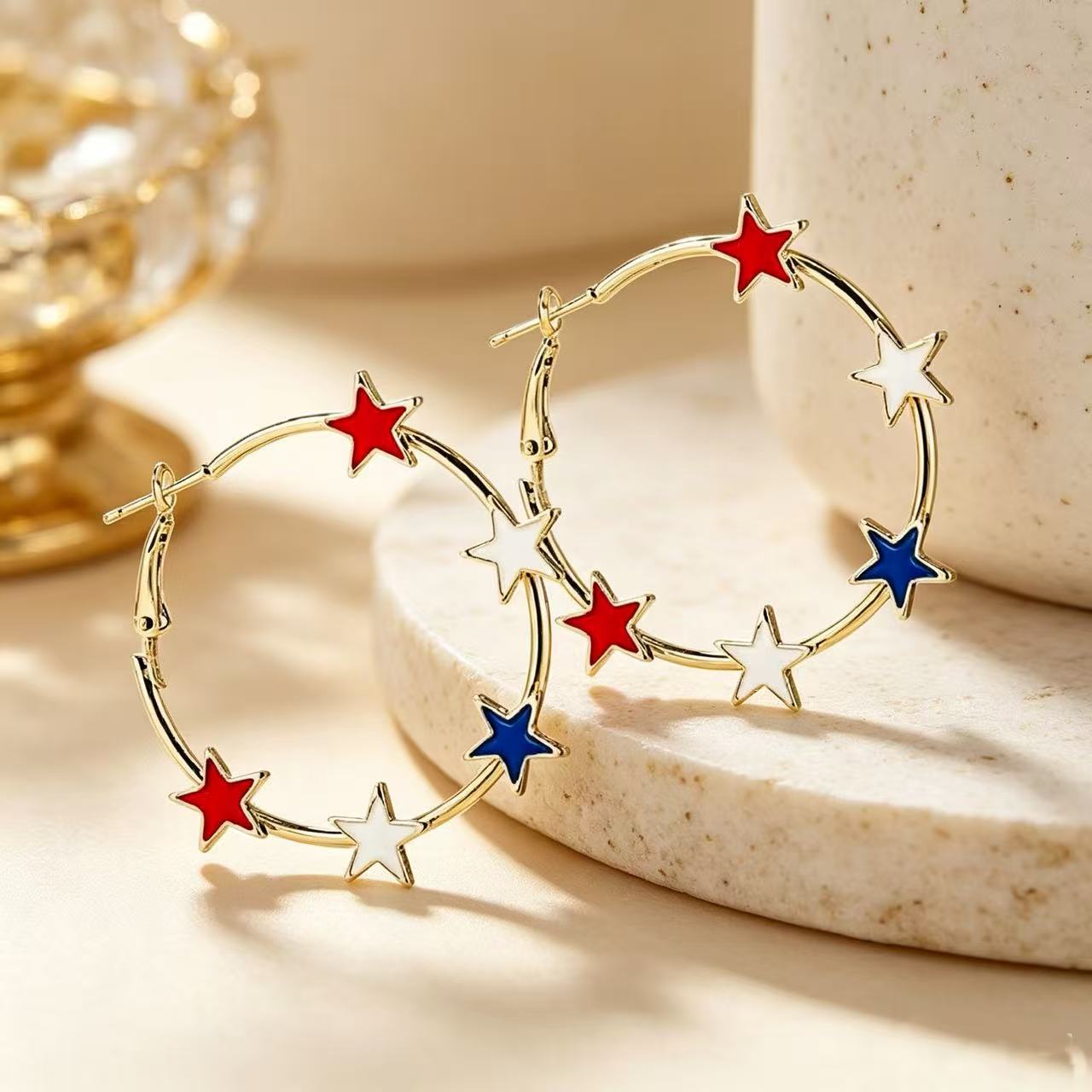 Wholesale Patriotic Star Heart Earrings For Women Red White Blue Rhinestone Alloy Independence Day Fashion Jewelry Accessory Gift
