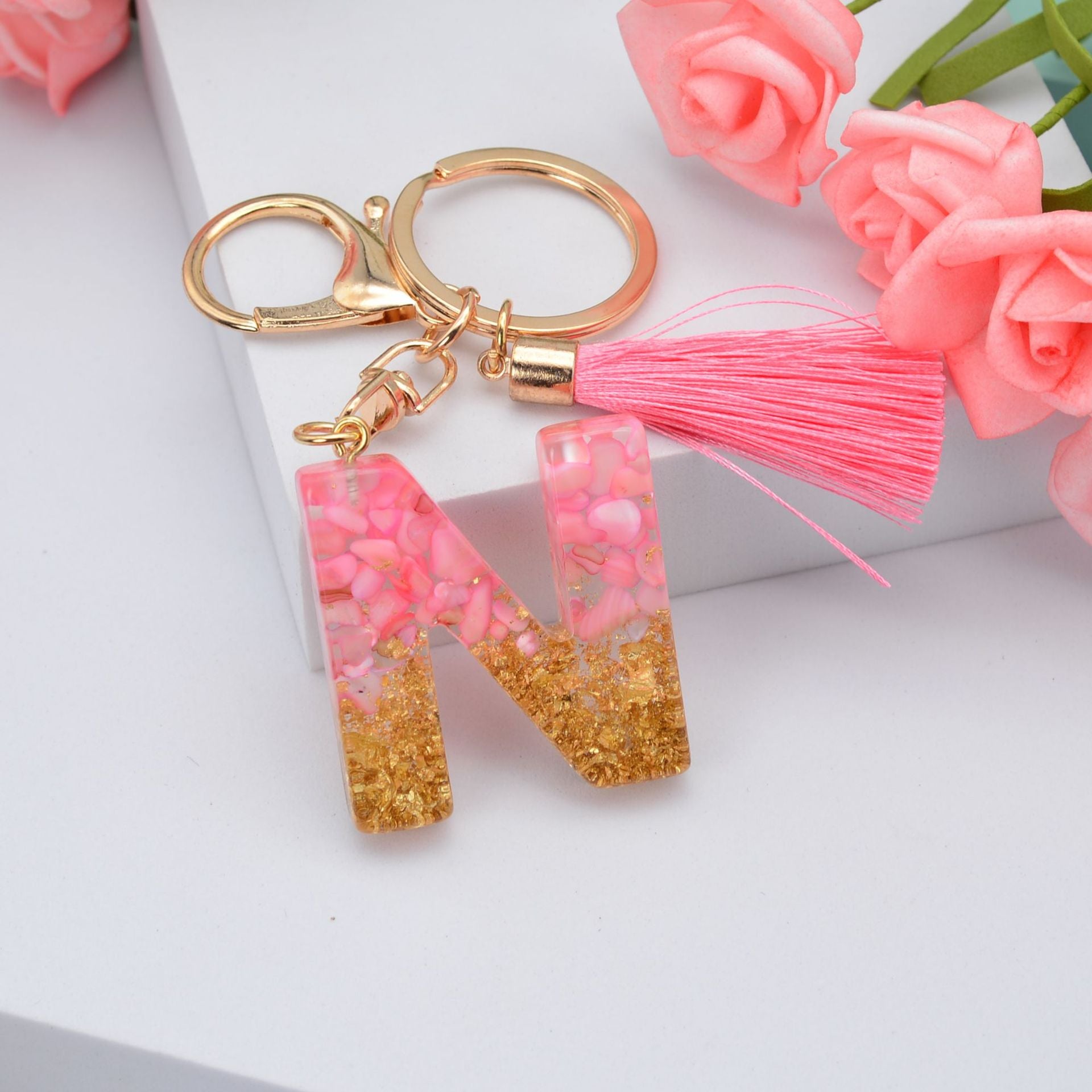 Wholesale Pink Tassel 26 Letter Crystal Resin Keychain