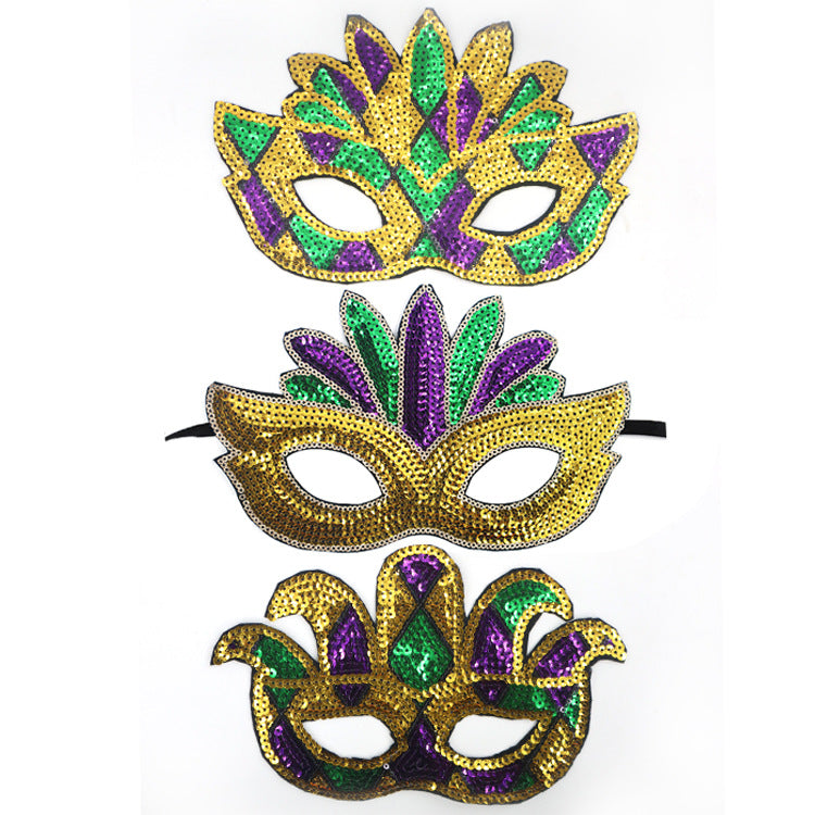 Wholesale Carnival Sequins Three Color Gold Purple Green Mask Makeup Party Eye Mask