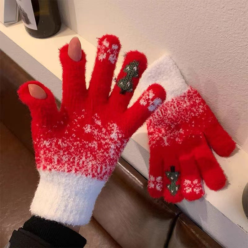 Wholesale Christmas Tree Autumn and Winter Fingerless Touch Screen Snowflake Plush Thick Fur Gloves
