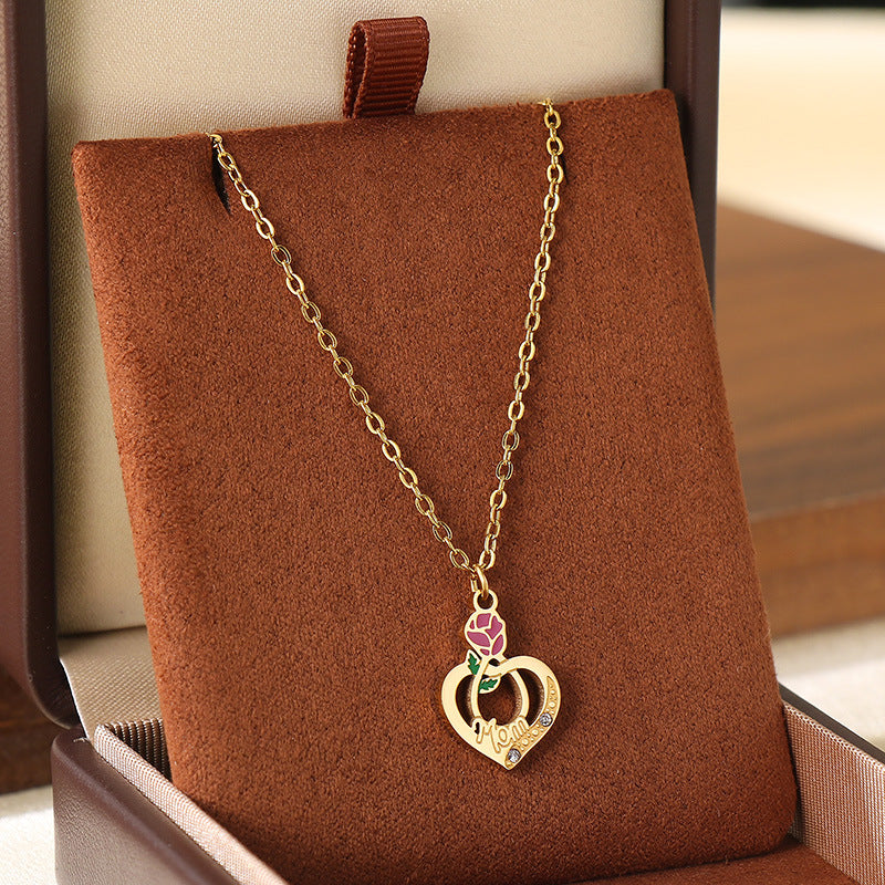 Wholesale Mother' s Day Diamond studded Hollow Moon Love Stainless Steel Necklace