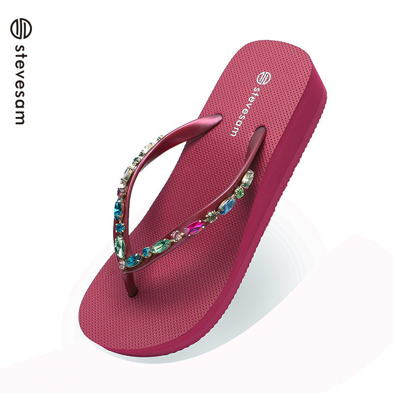 Wholesale Rhinestone Flip-Flops Women's Trendy Thick Bottom Beach Clip Leg Casual Wedge Sandals
