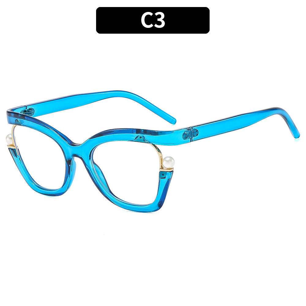 Wholesale PC Anti Blue Light Pearl Decorative Eyeglass Frames with Flat Lenses