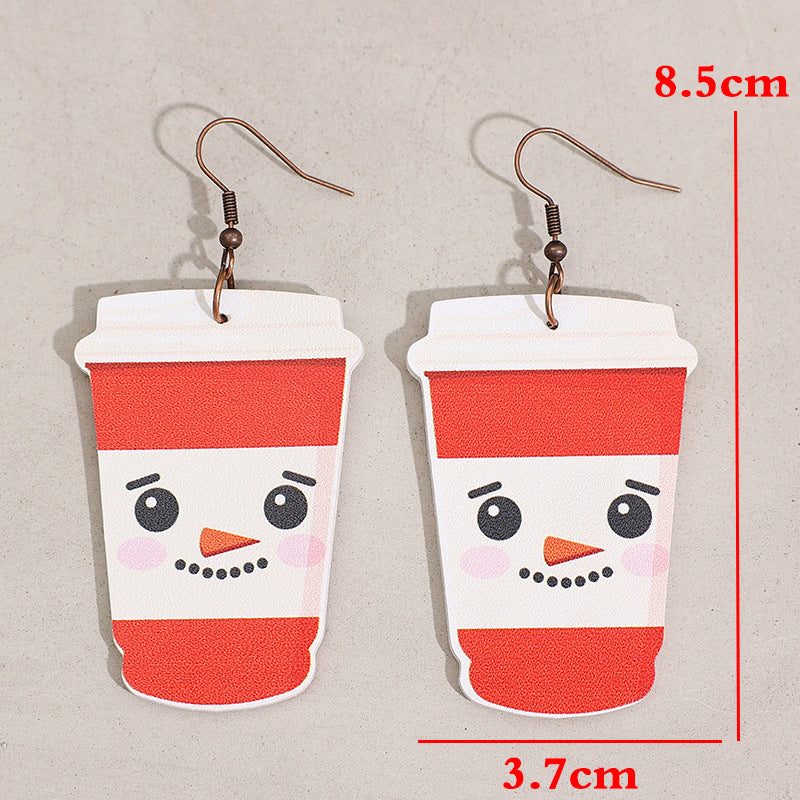 Wholesale Christmas Elk Snowman Coffee Cup Leather Earrings