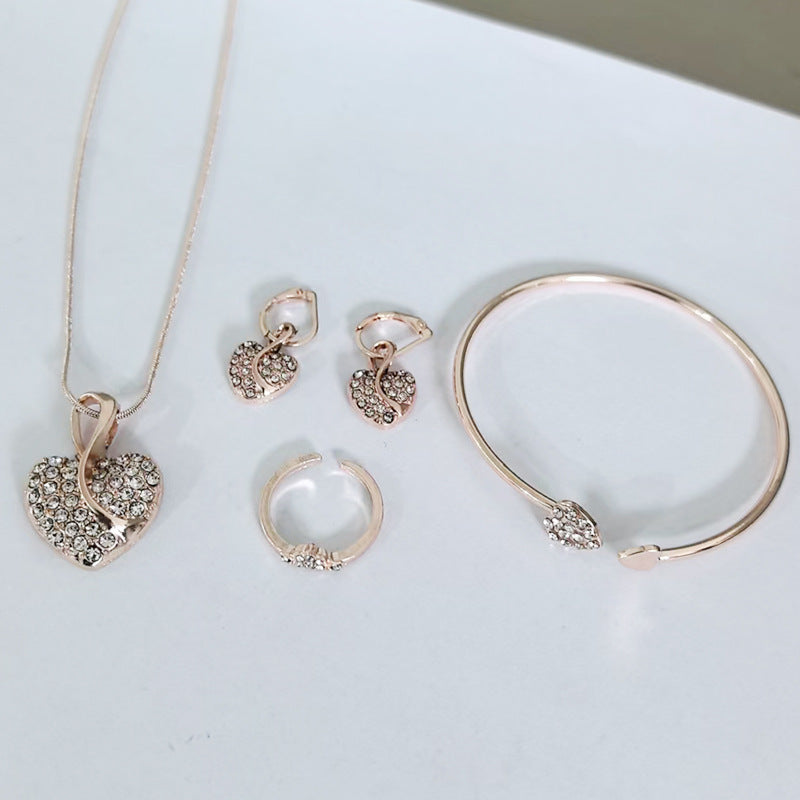 Wholesale Heart-Shaped Clavicle Necklace Earrings Ring Bracelet Jewelry Set