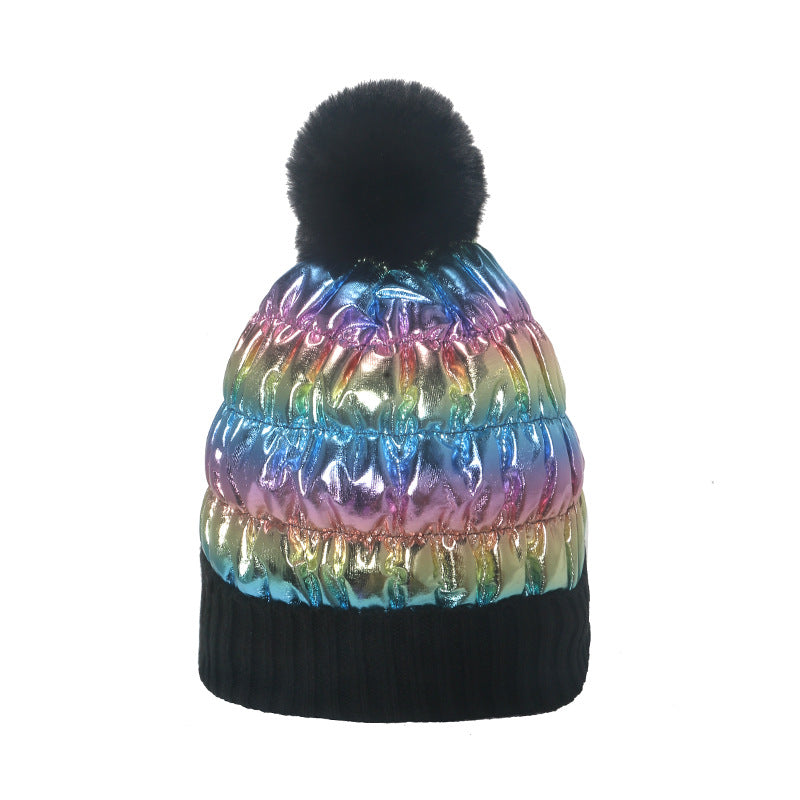 Wholesale 2023 Autumn and Winter Plus Velvet Thickened Winter Hat Colorful Metal Laser Fur Ball Acrylic Knitted Hat