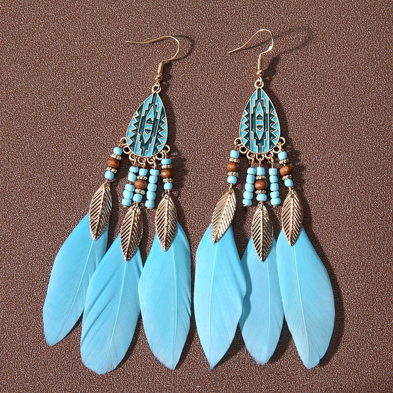 Wholesale Water Drop Tassel Feather Long Bohemian Rice Bead Earrings