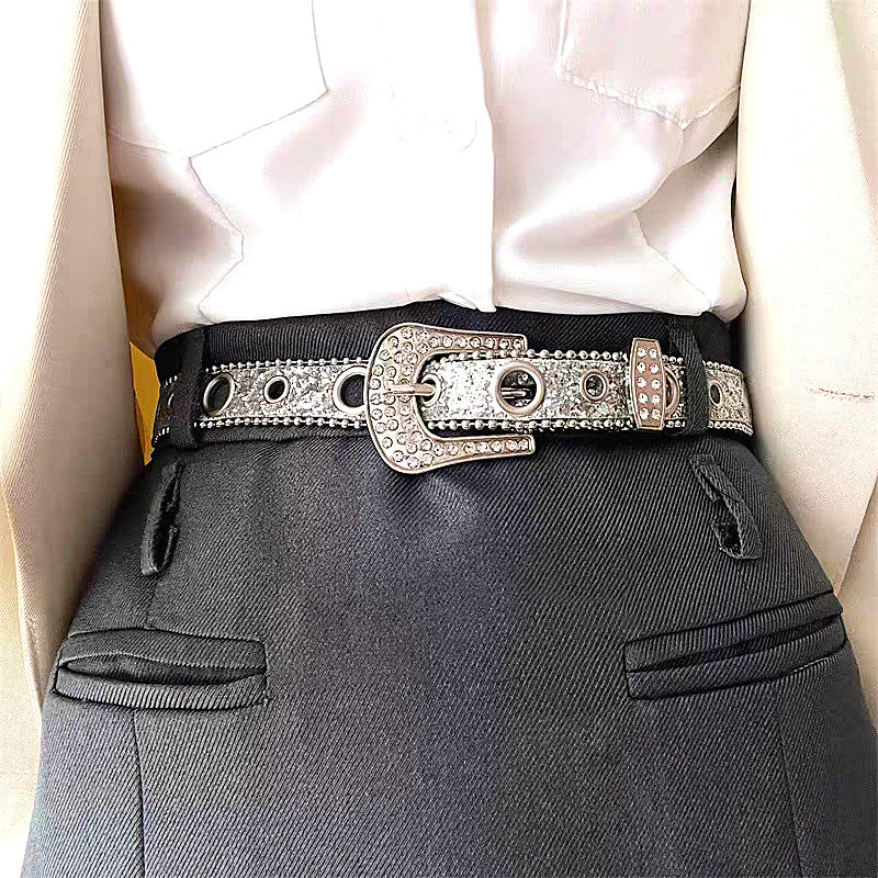Wholesale Y2k Rhinestone Belt Pin Buckle Porous American Retro Super Flash Belt