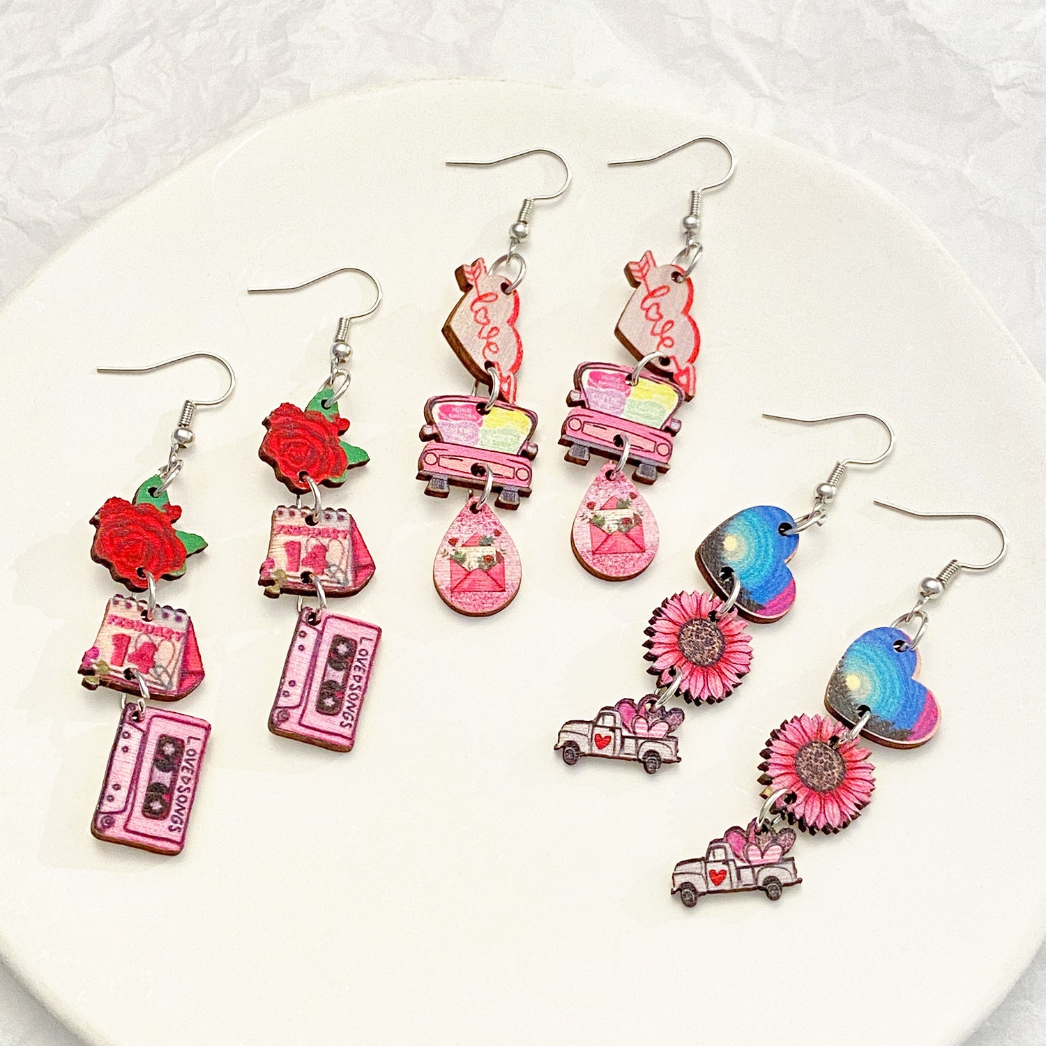 Wholesale Valentine' s Day pink heart-shaped rose fringed earrings