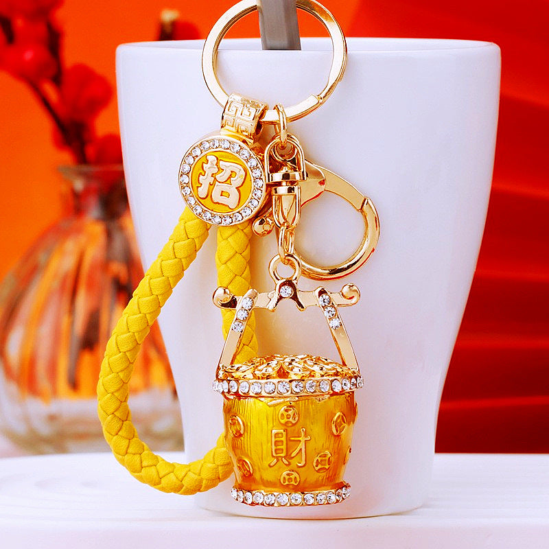 Wholesale Chinese Style Fortune Bucket Keychain Red Zinc Alloy Cornucopia Car Key Ring Decorative Bag Charm Gift
