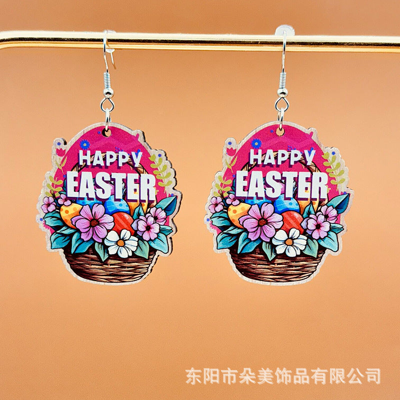 Wholesale Easter colorful egg balloon basket Happy Easter wooden earrings