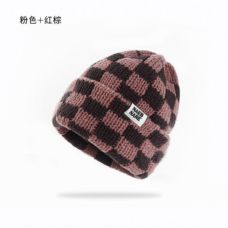 Wholesale Checkerboard plaid knitted hat women' s autumn and winter face-revealing small warm hat