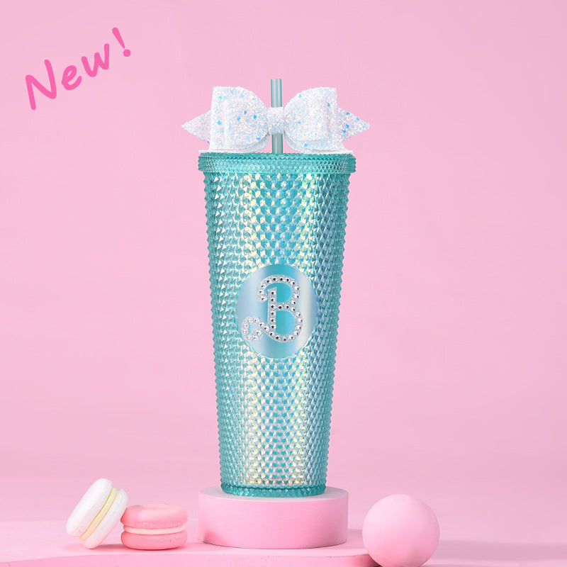 Wholesale Double-layer Plastic 710ml Large Capacity Straw Cup with Glitter Bow Tie Hand Cup Durian Cup