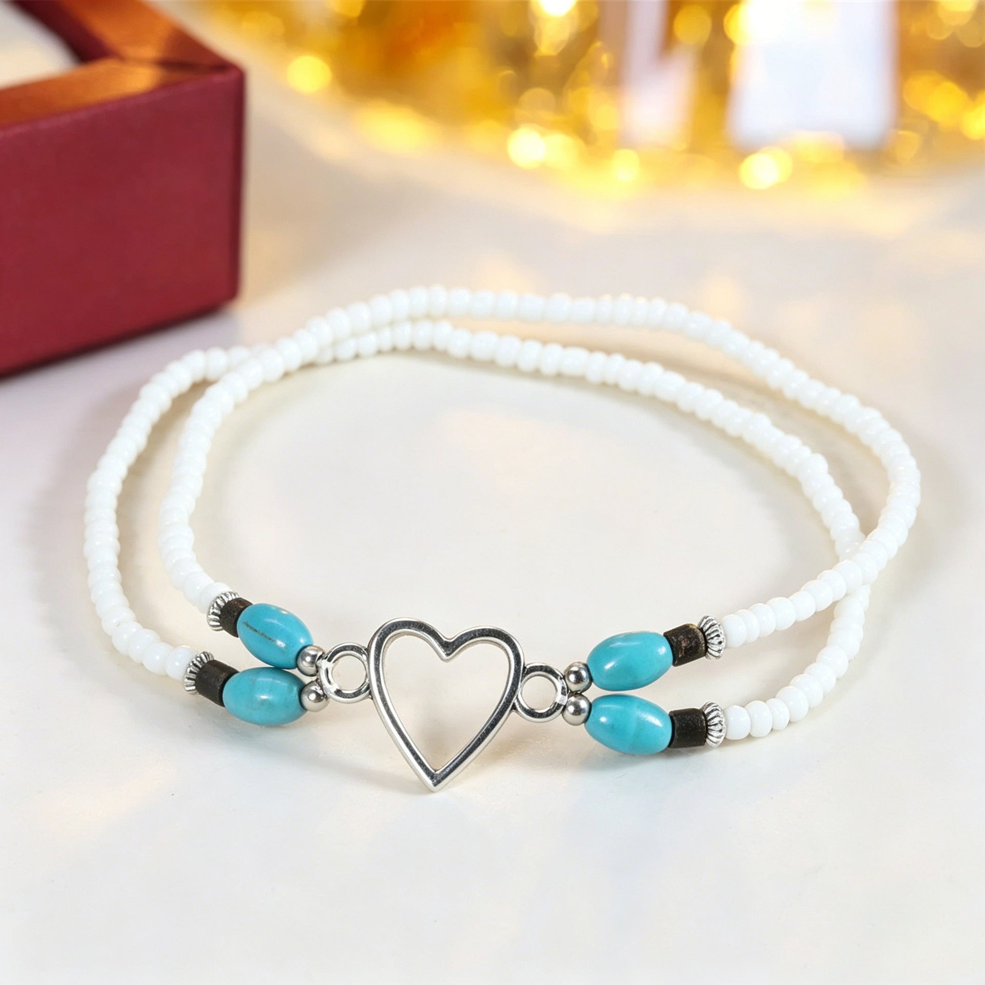 Wholesale Vacation Style Double Heart Beaded Elastic Ankle Bracelet Unisex Fashion Jewelry Accessory For Couples Gift And Boutique Resale