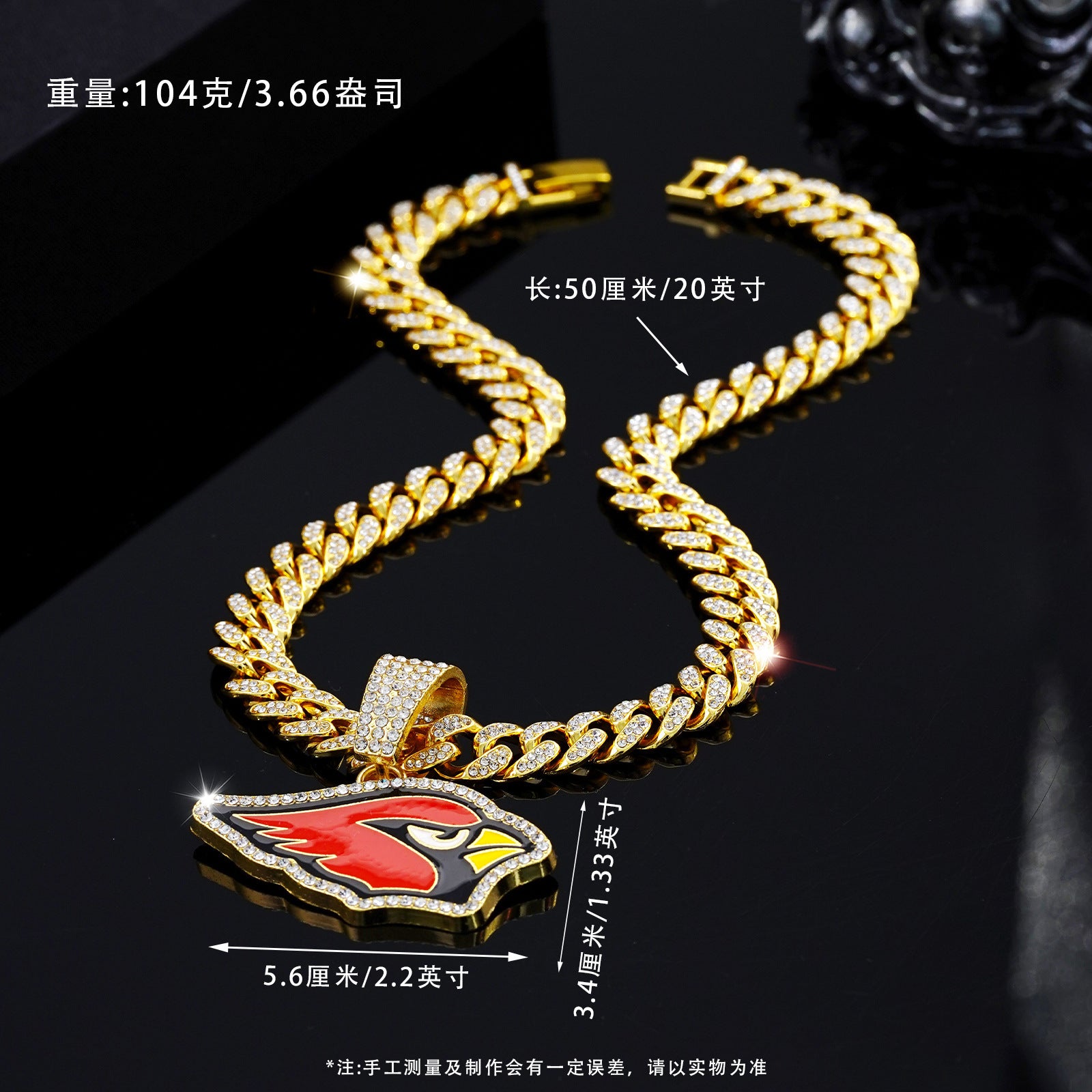 Wholesale Gold Tone Cuban Chain Necklace With Red Rhinestone Bird Pendant Zinc Alloy Punk Hip Hop Fashion Accessory For Party And Gift