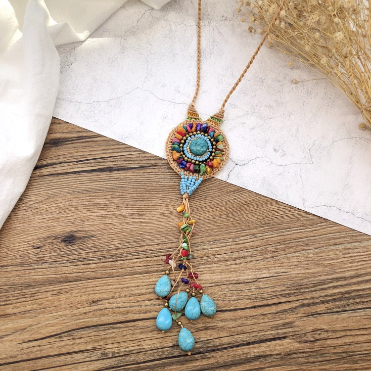 Wholesale Handmade Bohemian Vintage Natural Gravel Tassel Braided Necklace