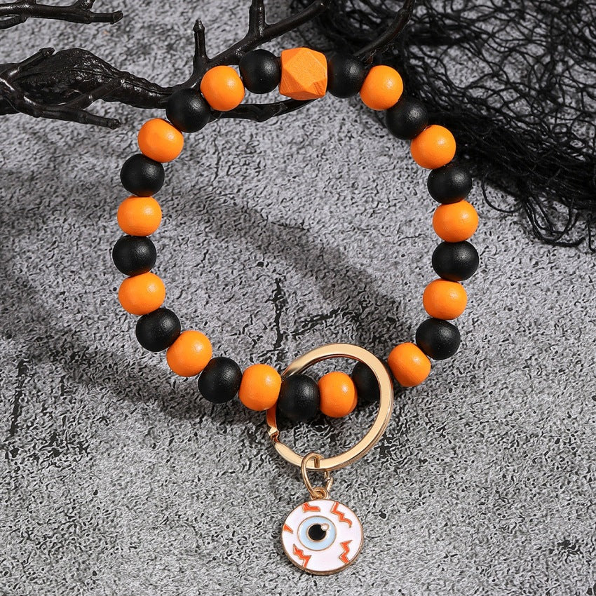 Wholesale Halloween Pumpkin Wooden Beaded Wrist Keychain