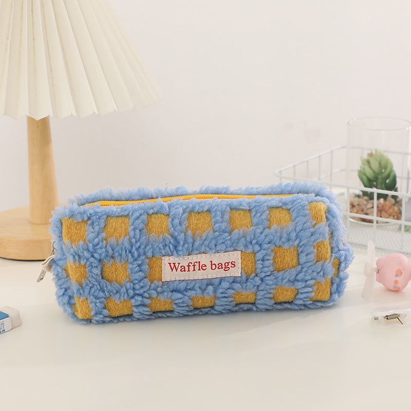 Wholesale Waffle Lamb Plush Checkerboard Pencil Case