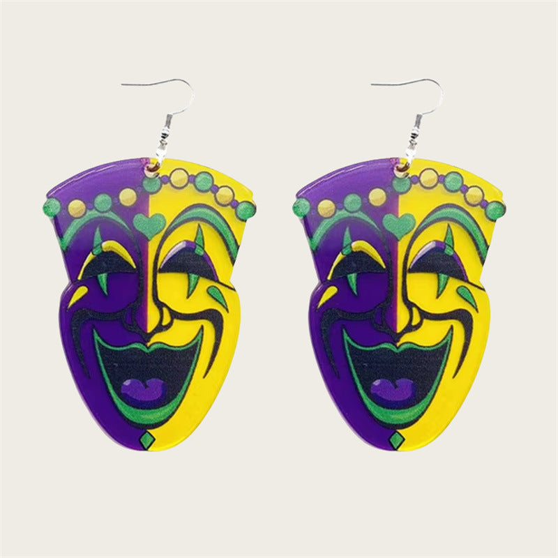 Wholesale carnival smiley face mask crown flower pendant double sided acrylic earrings