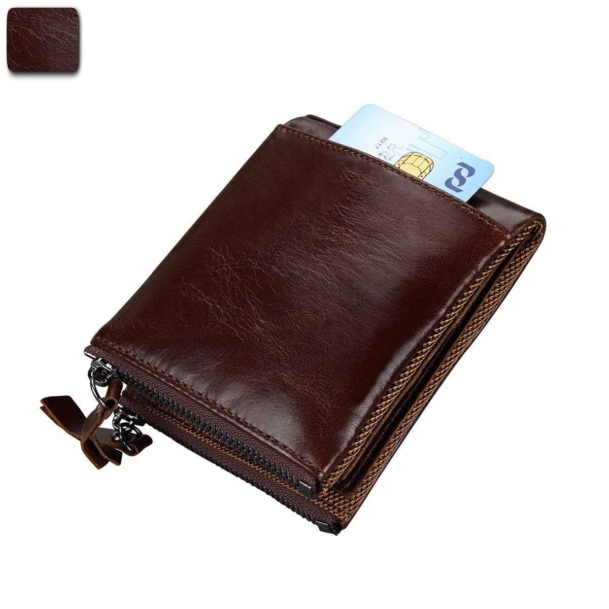 Wholesale Crazy Horse Cowhide Leather Wallet Double Zipper Coin Purse