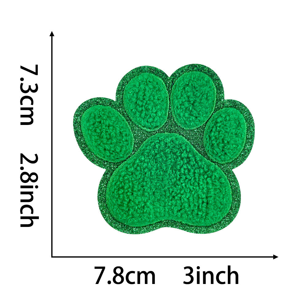 Wholesale Dog Paw Glitter Chenille Embroidered Patch Heat Activated DIY Applique For Shoes Hats And Pet Decor