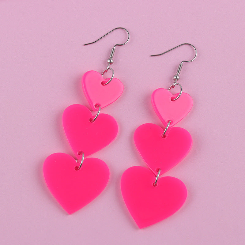 Wholesale Asymmetric long triple heart Acrylic Earrings