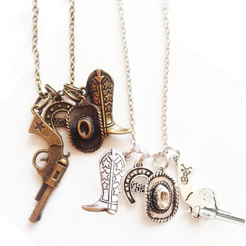 Wholesale Vintage silver bronze cowboy hat boots gun horseshoe necklace