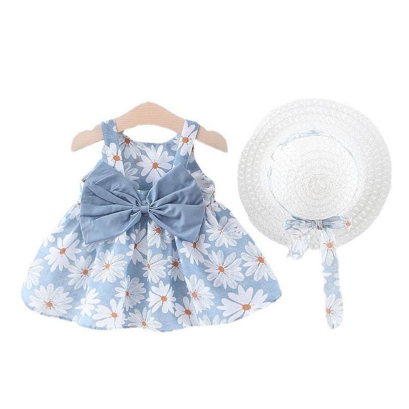 Wholesale Summer Baby Girl Strap Dress With Bow Print Cotton Toddler Party Outfit Gift