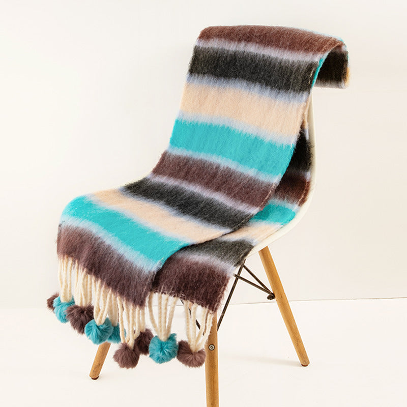 Wholesale Autumn and Winter Imitation Cashmere Colorful Knitted Fur Ball Tassel Warm Scarf