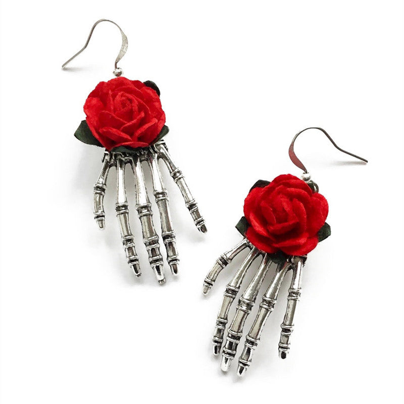 Wholesale Skeleton Hand Red Rose Gothic Alloy Earrings