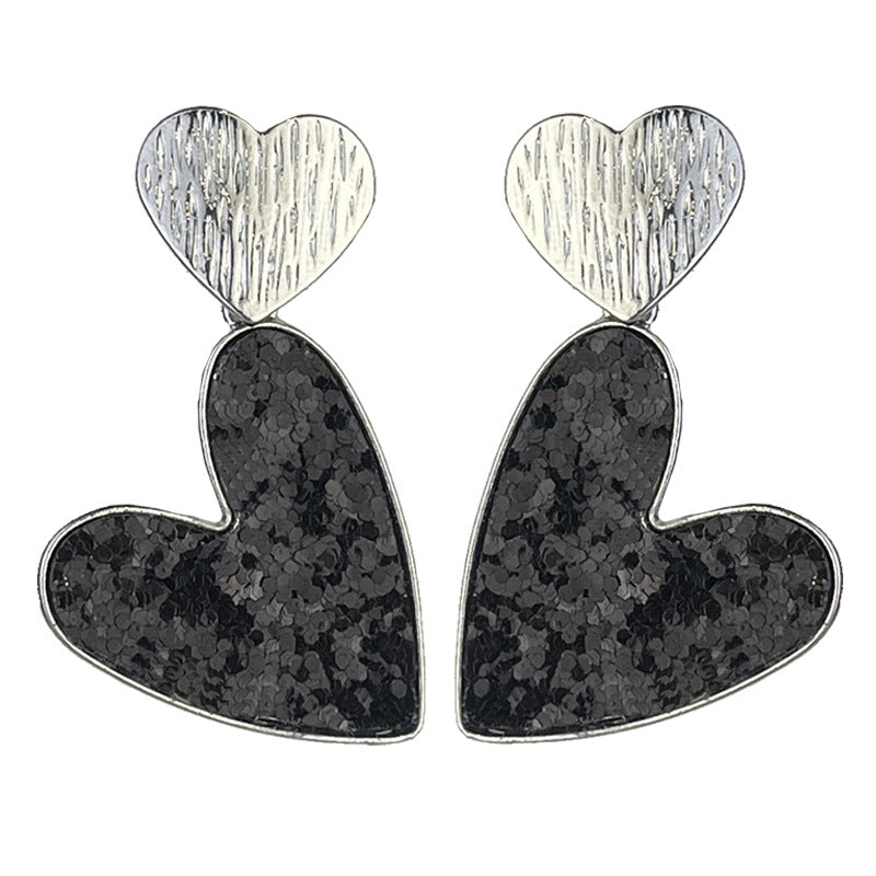 Wholesale 2pcs Valentine's Day Double Heart Symmetrical Multicolor Shiny Atmosphere Leather Metal Earrings