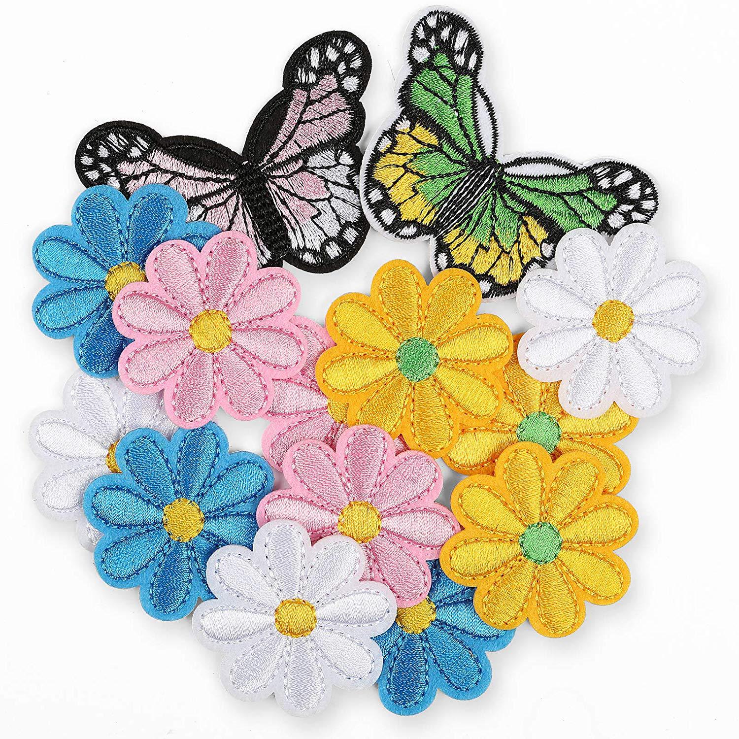 Wholesale Flower Butterfly Embroidery Patches 14 Piece Fabric Applique Set For Clothing DIY Craft Decorative Accent