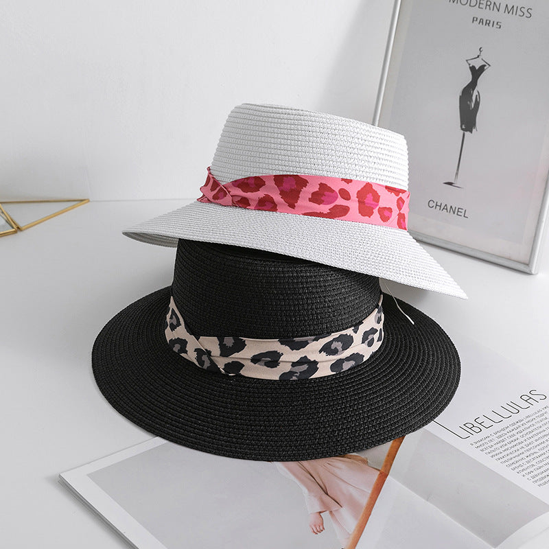 Sombrero de paja de bufanda de seda de leopardo de verano al por mayor