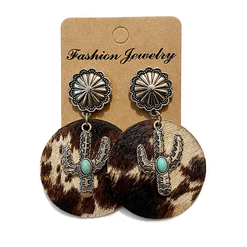 Wholesale Western Style Cow Print Leopard Print Cactus Leather Earrings