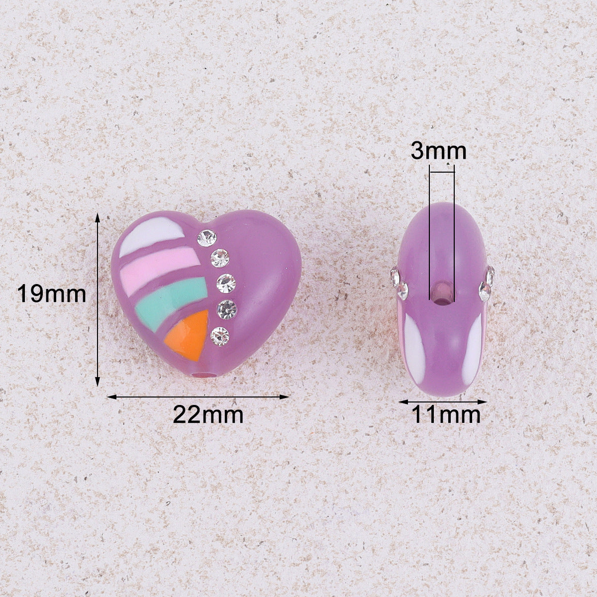 Wholesale 10pcs double-sided diamond inlaid colored acrylic beads with heart-shaped design