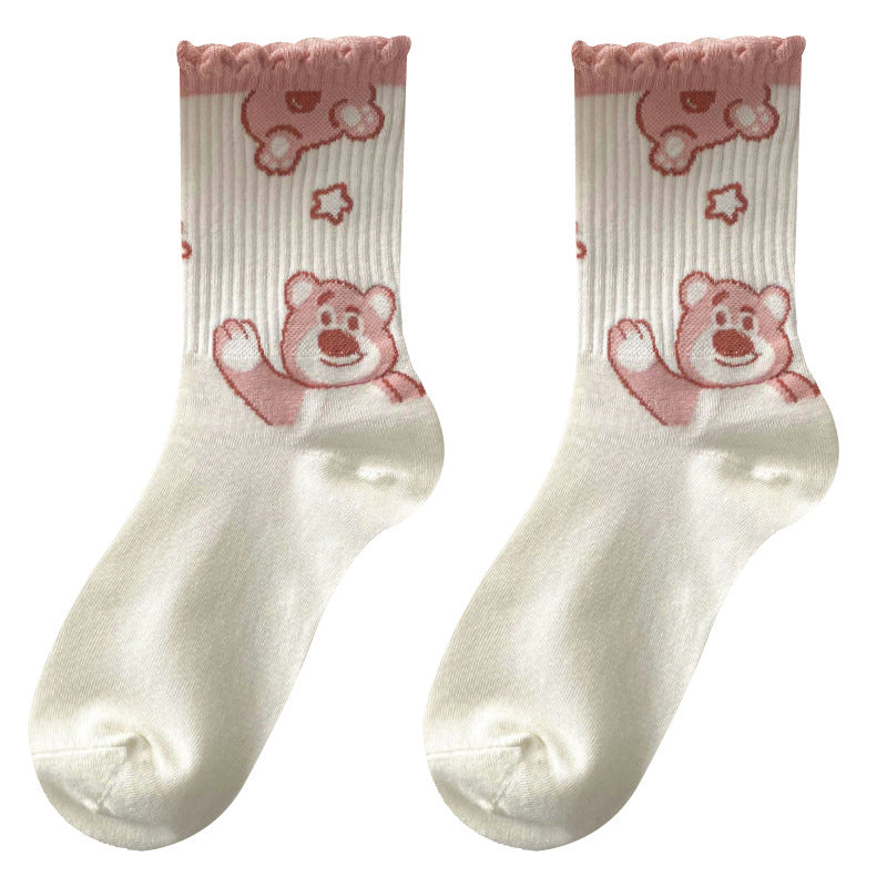 Wholesale Pink Medium Cotton Cute Girl Cartoon Lace Socks