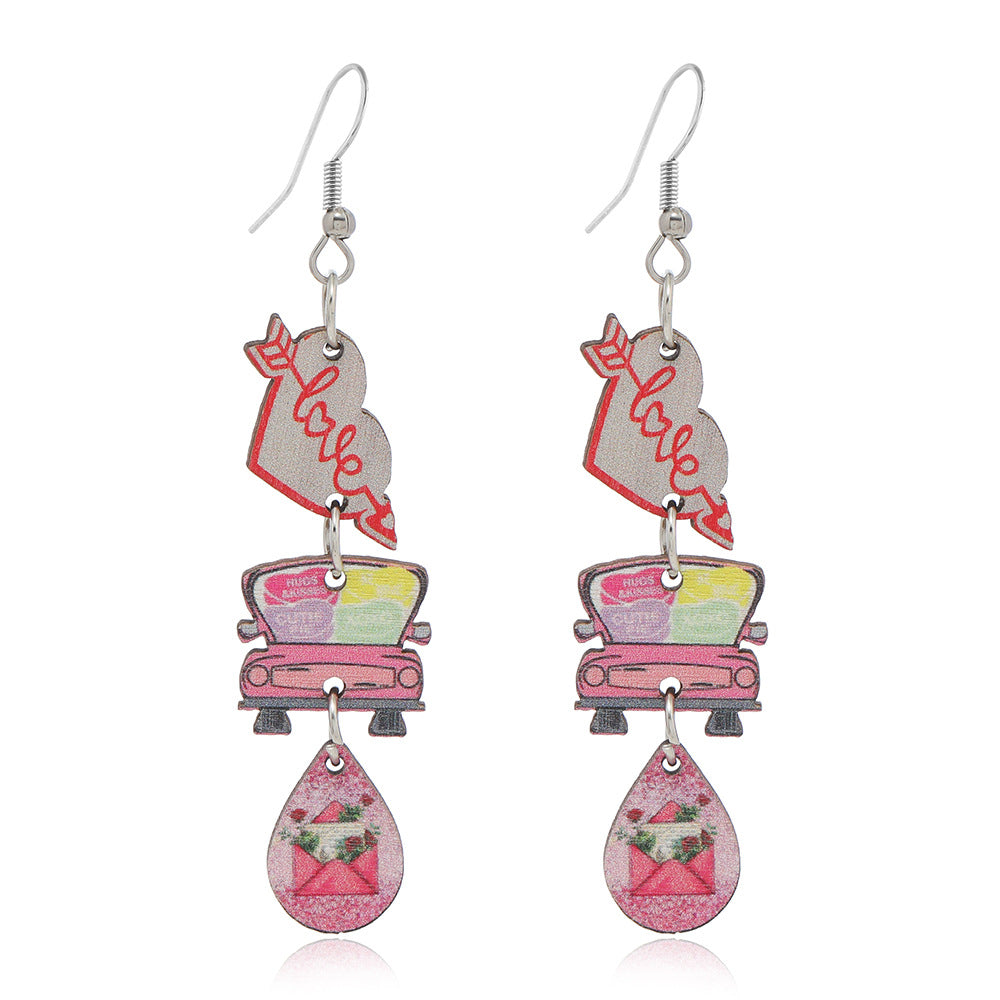 Wholesale Valentine's Day One Arrow Heart Piercing Truck Printed Wooden Earrings