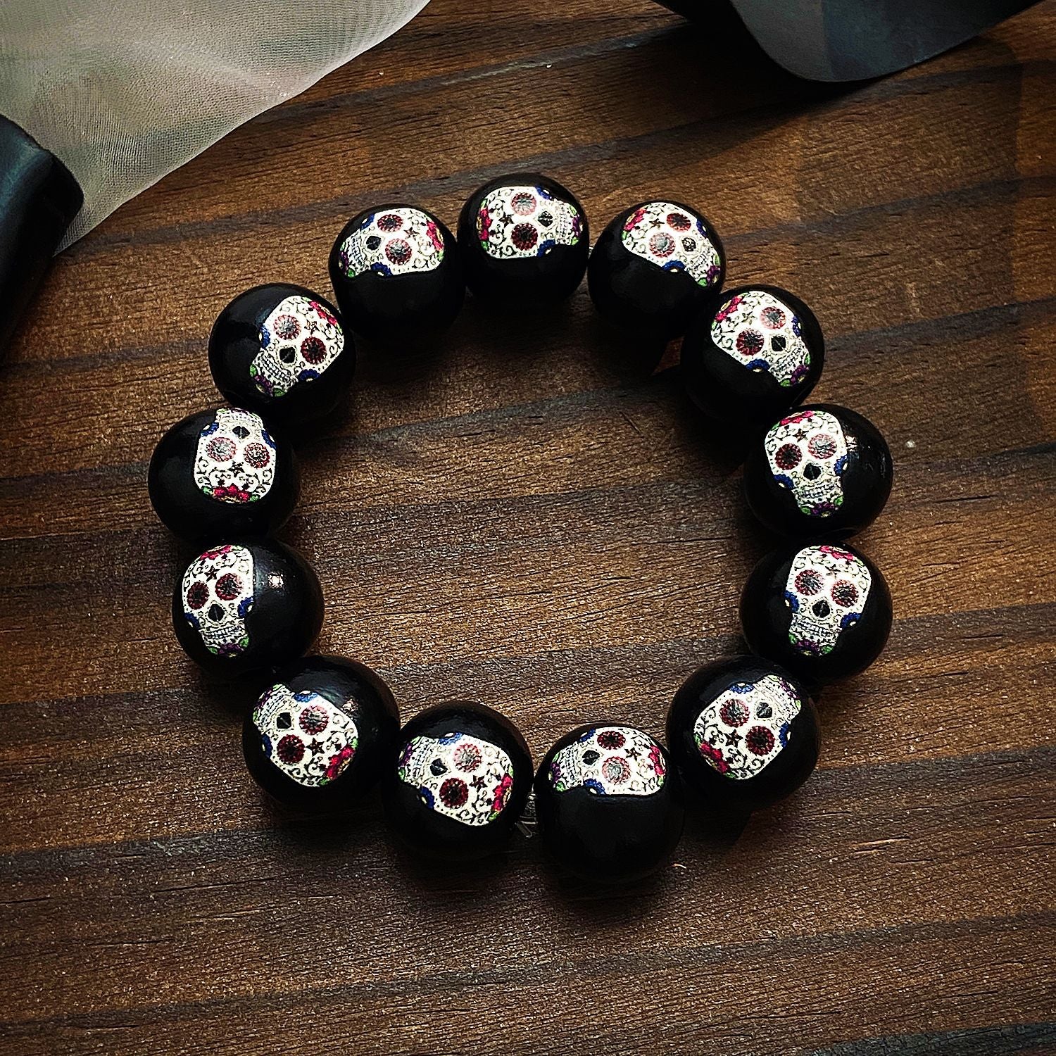 Wholesale Wooden Skull  Web Beaded Bracelet Unisex  DIY Jewelry Accessory