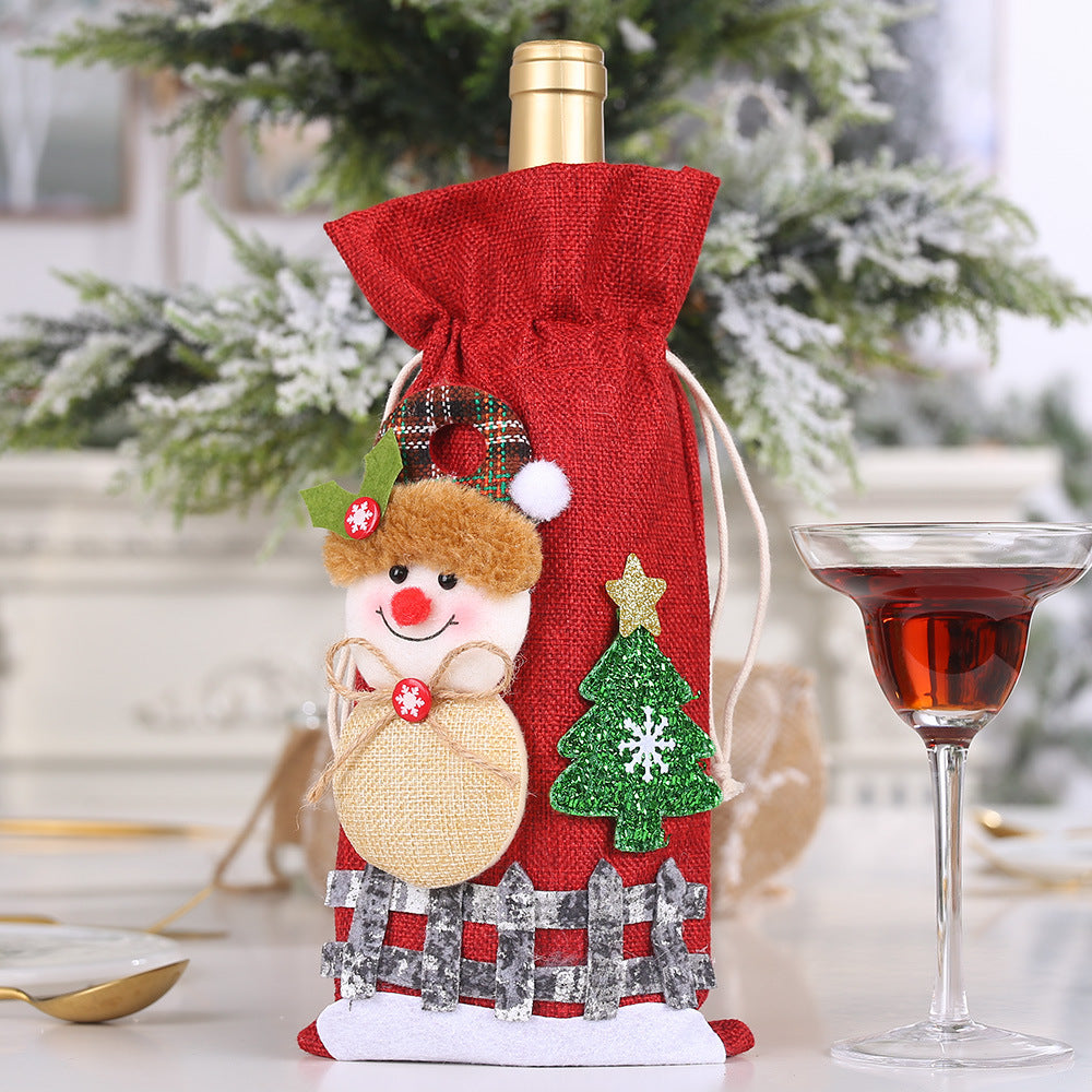 Wholesale Christmas Linen Snow Cartoon Drawstring Wine Bottle Sets